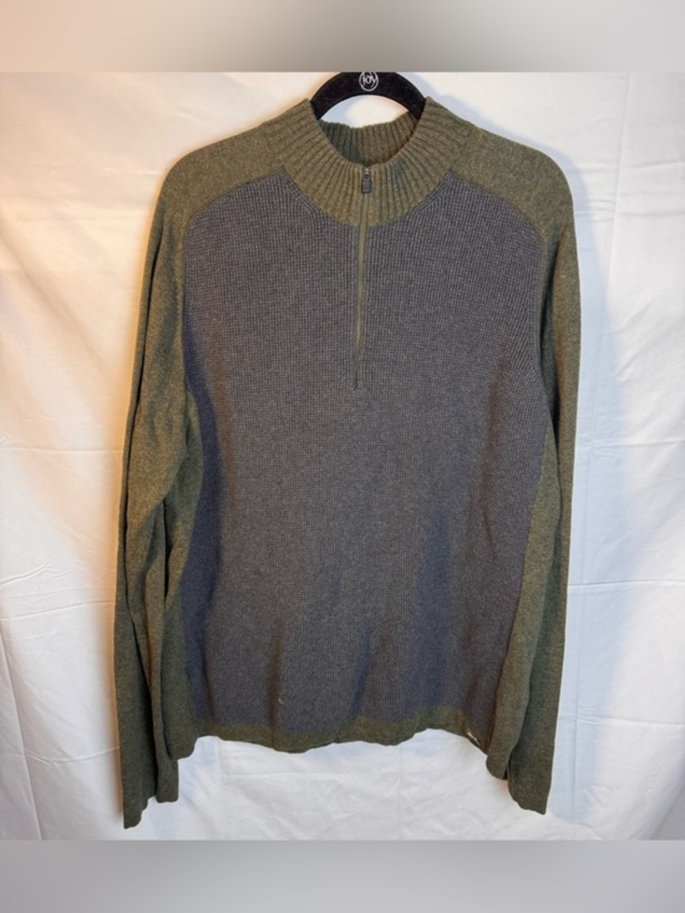 Eddie Bauer Two-Tone Olive and Gray Quarter-Zip Sweater